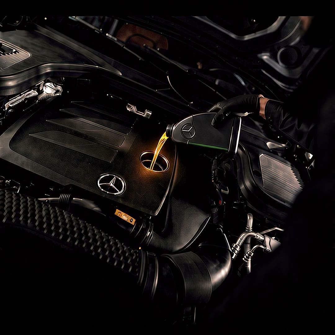 Engine oil poured into a Mercedes-Benz engine cover during a service.
