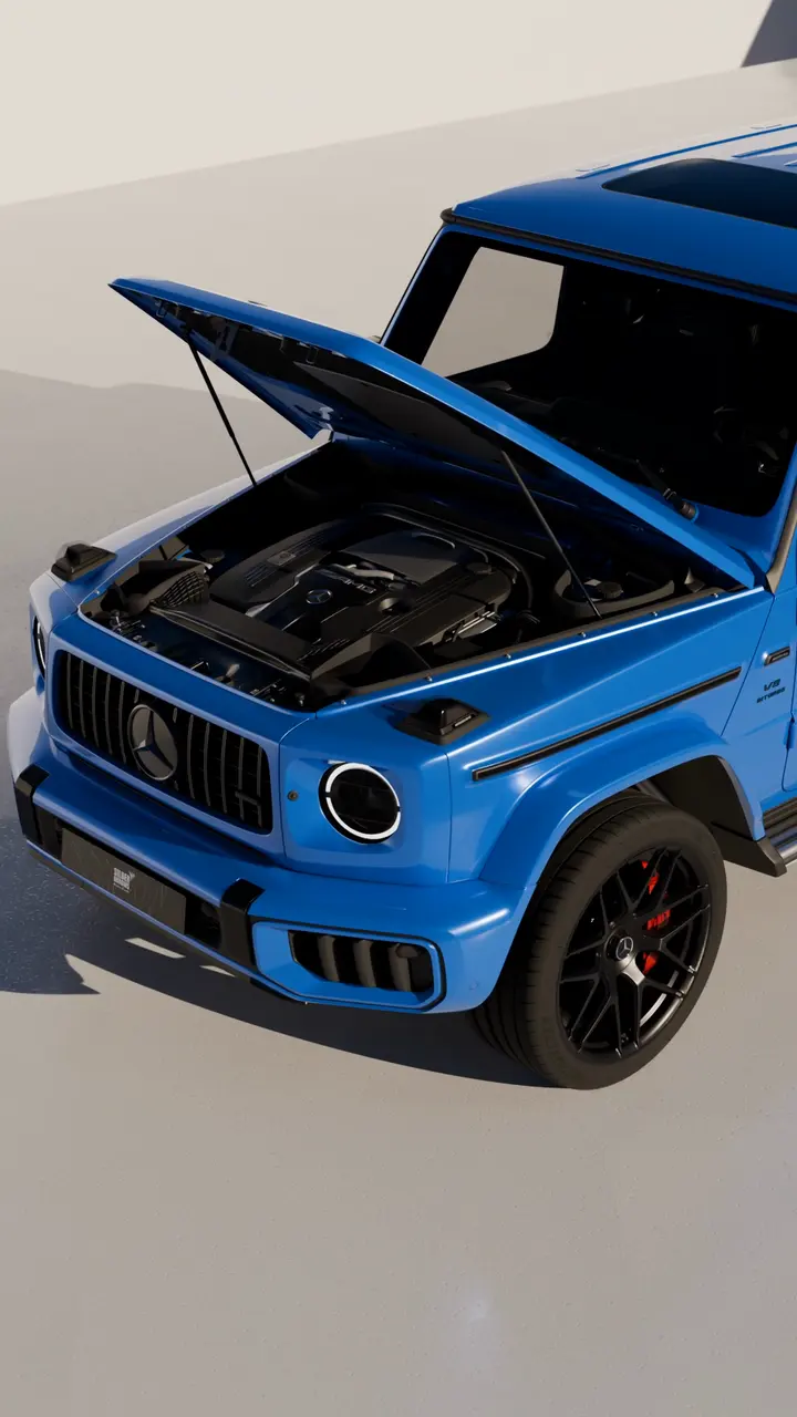 Mercedes-AMG G 63 with the bonnet open, showing the engine bay.