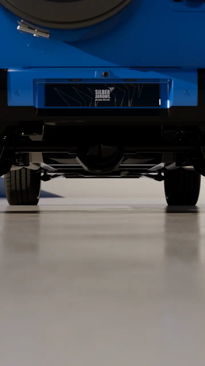 Low view of the rear underside and suspension of a Mercedes-AMG G 63.