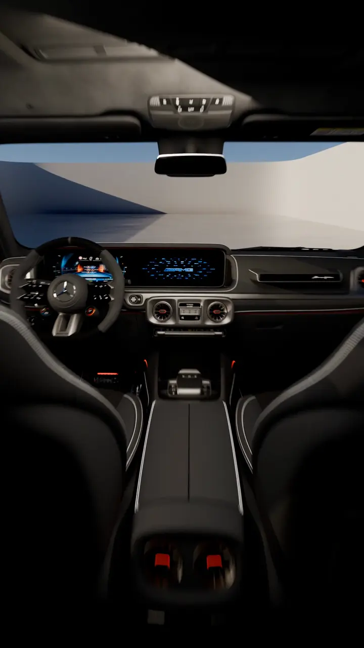 Mercedes-AMG G 63 cabin with centre console, climate controls and screens.