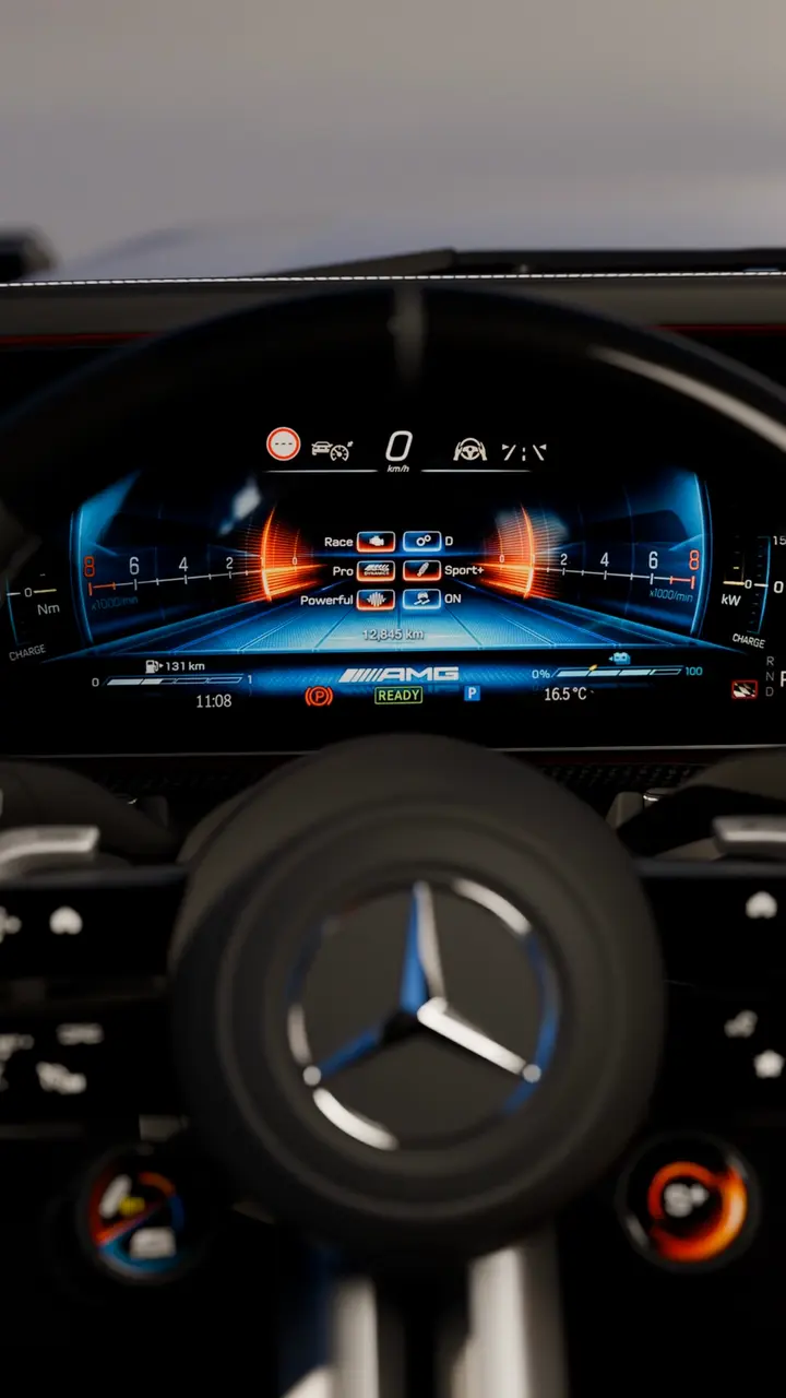Mercedes-AMG G 63 steering wheel and digital instrument cluster.