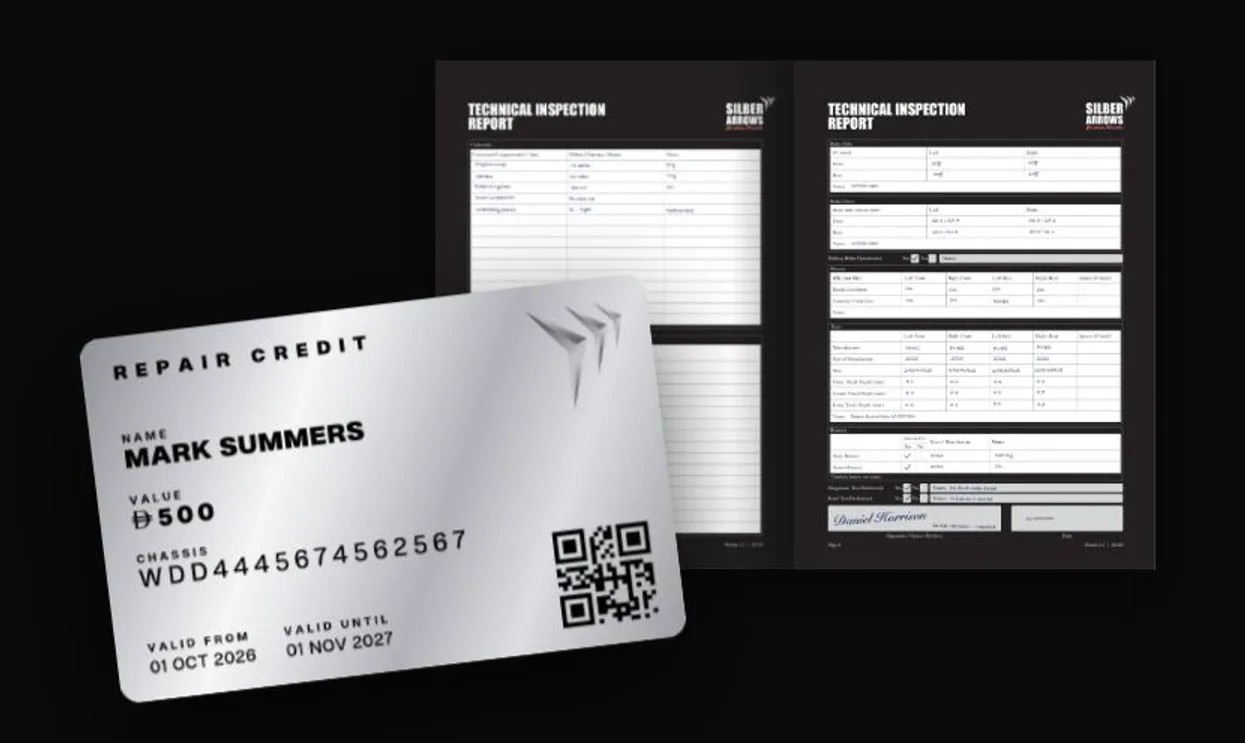 SilberArrows Technical Inspection Report and AED 500 repair credit card.