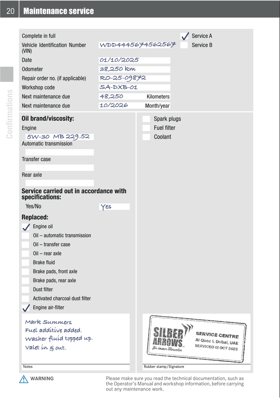 Maintenance booklet service entry, filled in