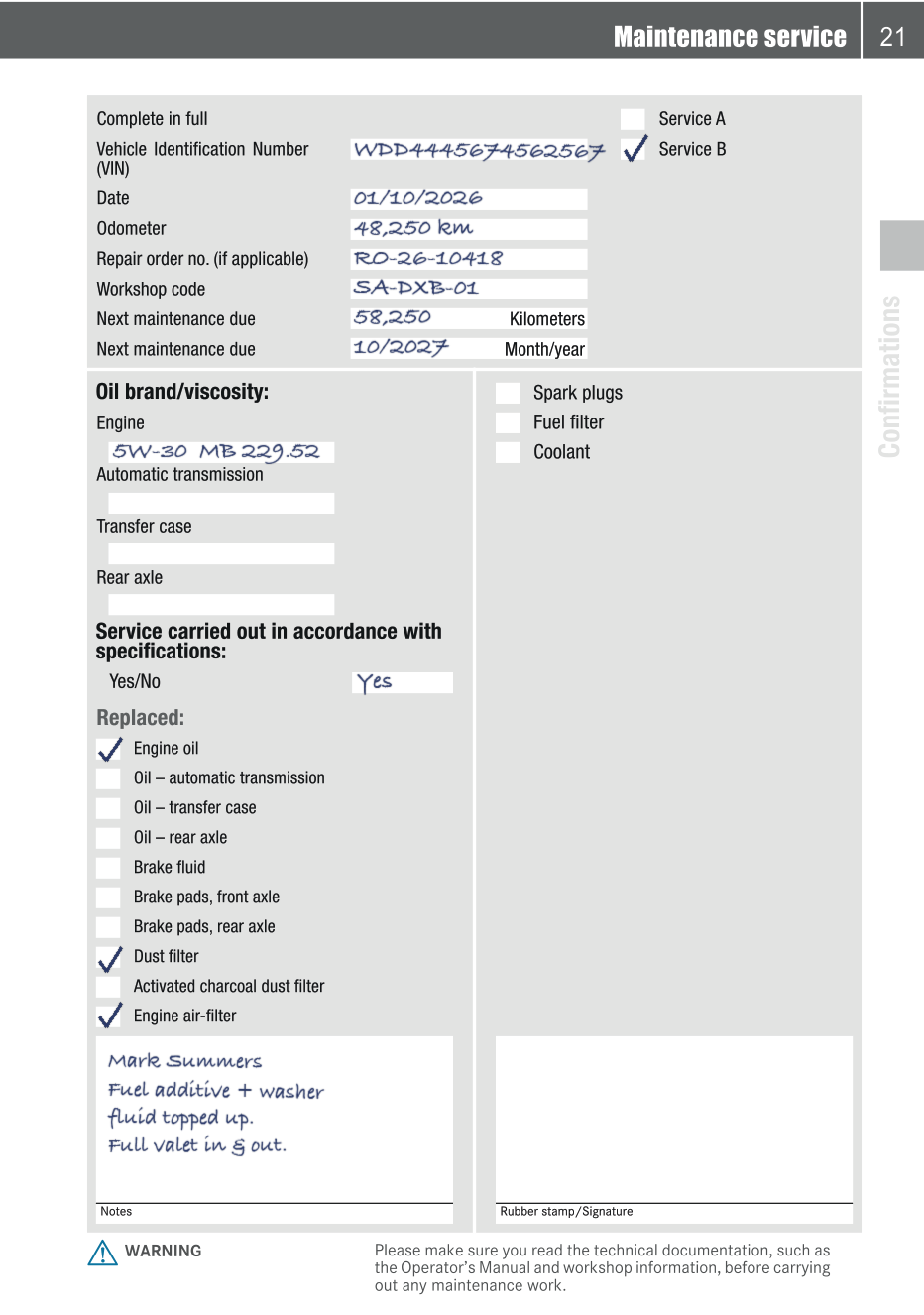 Maintenance booklet service entry, signed off with the SilberArrows stamp