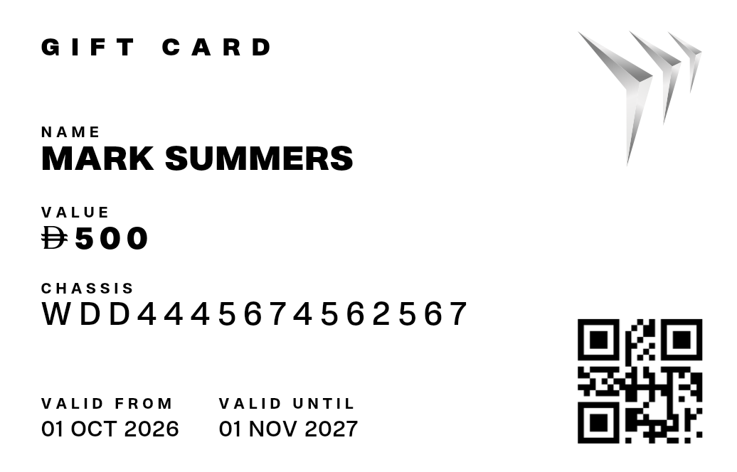 SilberArrows gift card in the customer's name, value AED 500